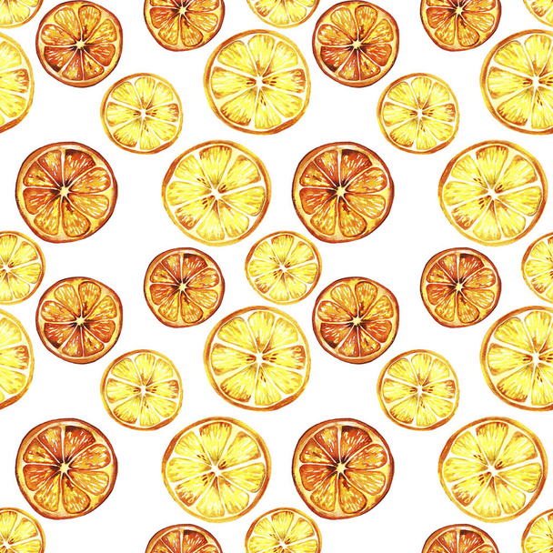 Christmas hand drawn seamless pattern of dried oranges on white  background. Design for textile, wrapping, wallpaper - Photo, Image