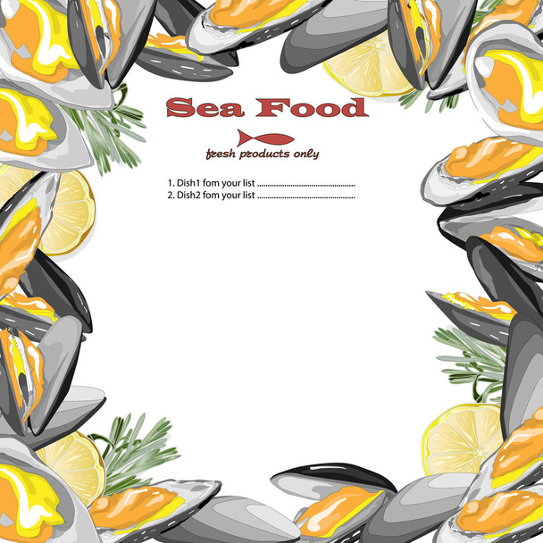 Готовые морепродукты на вид сверху. Векторная иллюстрация морепродуктов. Логотип
 - Вектор,изображение