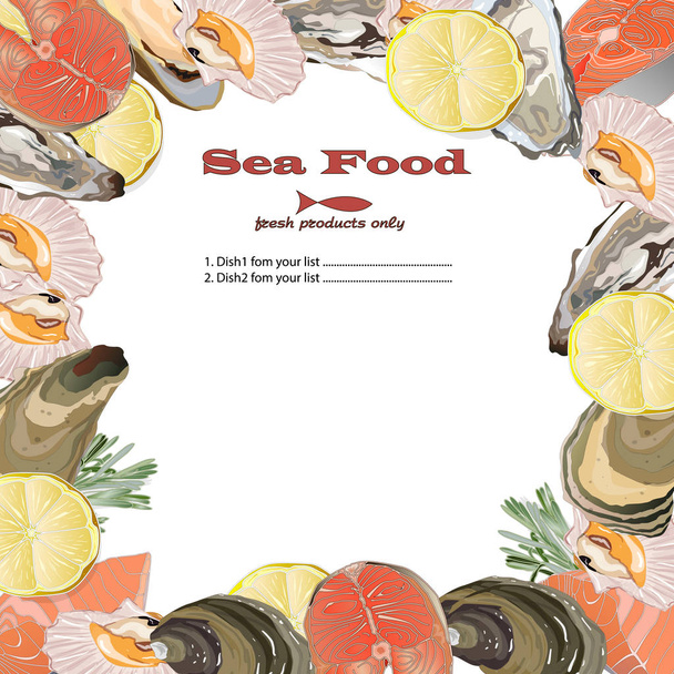 Cooked seafood on top view. Seafood vector illustration. Logo de - ベクター画像
