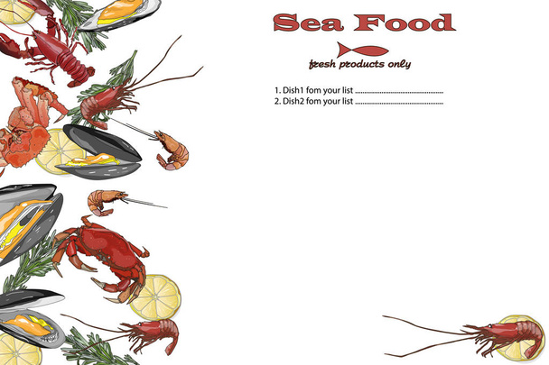 Vařené mořské plody na výhledu. Vektorová ilustrace mořských plodů. Logo de - Vektor, obrázek