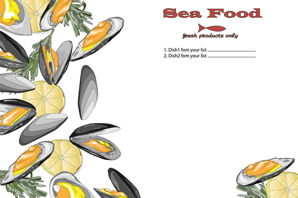 Főzött tenger gyümölcsei a csúcson. Tengeri élelmiszer vektor illusztráció. Logó de - Vektor, kép