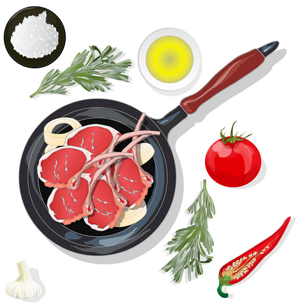 副産物やハーブとボード上の肉ステーキの様々な。ヴェー - ベクター画像