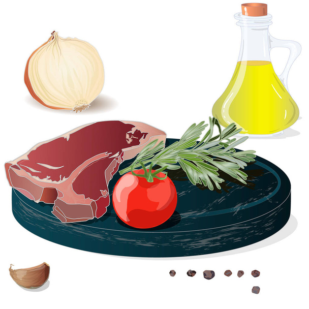 Různé masové steaky na palubě s vedlejšími produkty a bylinkami. Ve - Vektor, obrázek