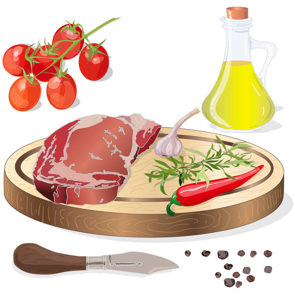 Różnorodność steków mięsnych na pokładzie z produktami ubocznymi i ziołami. Ve - Wektor, obraz