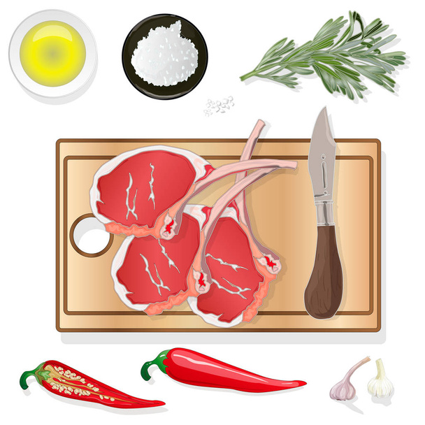 Variété de steaks de viande à bord avec des produits latéraux et des herbes. Ve
 - Vecteur, image