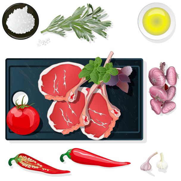 Variety of meat steaks on board with side products and herbs. Ve - Vector, Image