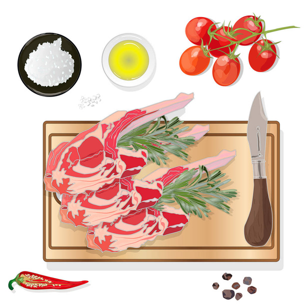Különböző hús steak a fedélzeten oldalsó termékek és gyógynövények. Nem. - Vektor, kép