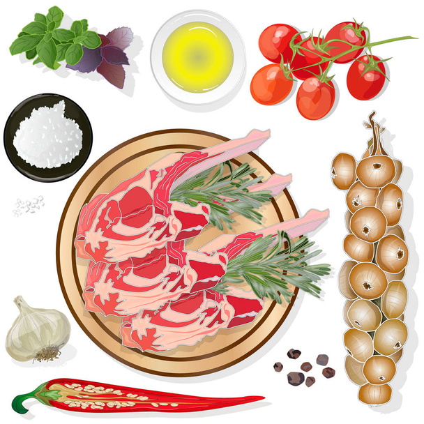 Variedad de filetes de carne a bordo con productos secundarios y hierbas. Ve.
 - Vector, Imagen