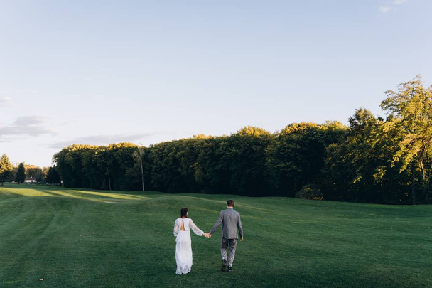 beautiful pregnant woman in white dress with handsome man holding hands and walking at green lawn in evening - Foto, afbeelding