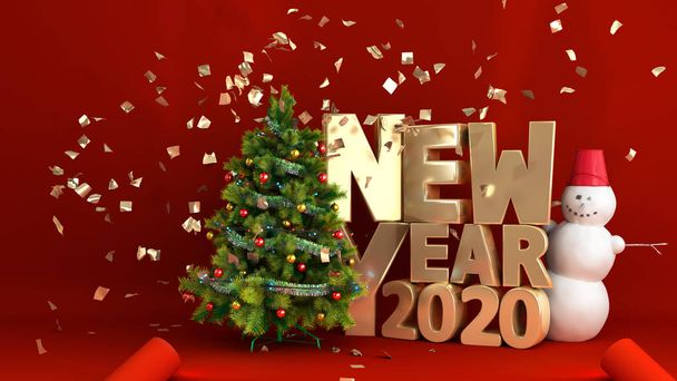 new year 2020 Christmas tree red background 3d render - Foto, Bild