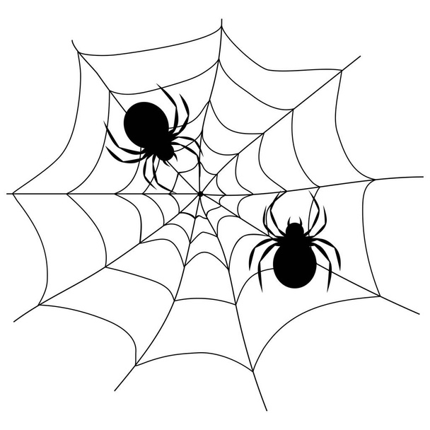 Spiders sit on a web. Black silhouettes - Vector, afbeelding