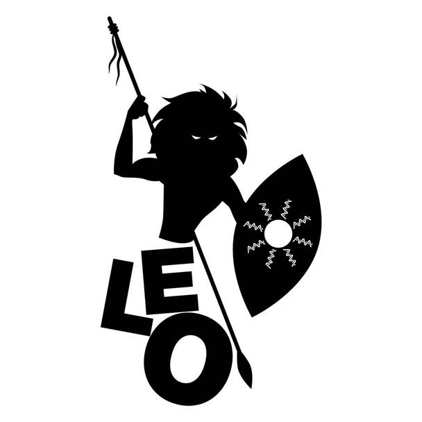 Zodíaco tribal. O Leo. Homem de cabeça de leão, segurando uma lança e segurando um escudo, isolado no fundo branco
 - Vetor, Imagem