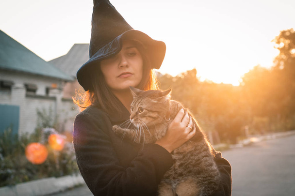 Gato de Halloween en las manos y una bruja con un sombrero negro y un abrigo en una puesta de sol de otoño. Concepto de celebración y mascotas
. - Foto, Imagen