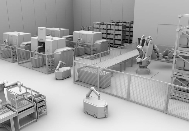 Clay renderowania robotów mobilnych, ciężkiego ładunku ogniwa robota i maszyn Cnc w inteligentnej fabryce. Obraz renderowania 3d. - Zdjęcie, obraz