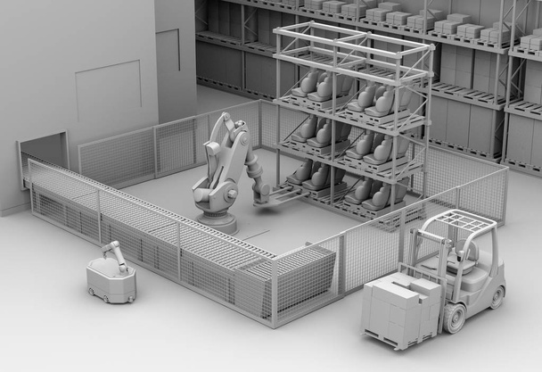 Representación de arcilla del robot móvil que pasa la célula pesada del robot de la carga útil en fábrica. Imagen de renderizado 3D
. - Foto, Imagen