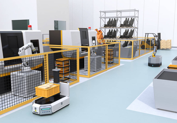 mobile Roboter, schwere Nutzlastroboterzelle, Gabelstapler und CNC-Maschinen in der Smart Factory. 3D-Renderbild. - Foto, Bild
