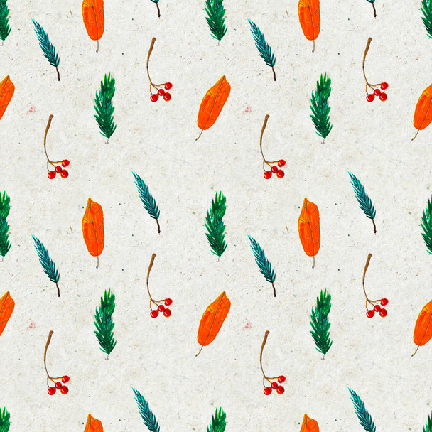 Autumn watercolor hand drawn seamless pattern with leaves mushrooms and pine cones - Fotografie, Obrázek