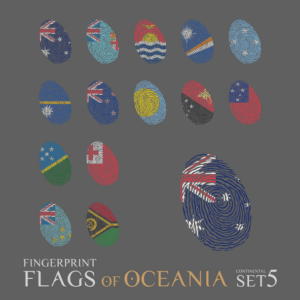 Ensemble de 14 empreintes digitales colorées avec les drapeaux nationaux des pays d'Océanie. Ensemble d'icônes Illustration vectorielle
. - Vecteur, image