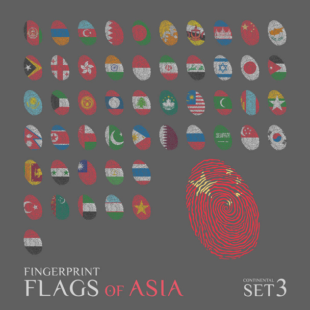 Az ázsiai országok nemzeti zászlókkal színezett 51-es ujjlenyomatok halmaza. Ikonkészlet vektoros illusztráció. - Vektor, kép