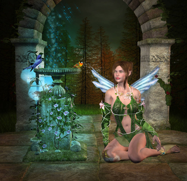 En el lugar secreto, un elfo de fantasía junto a una fuente ritual
 - Foto, imagen