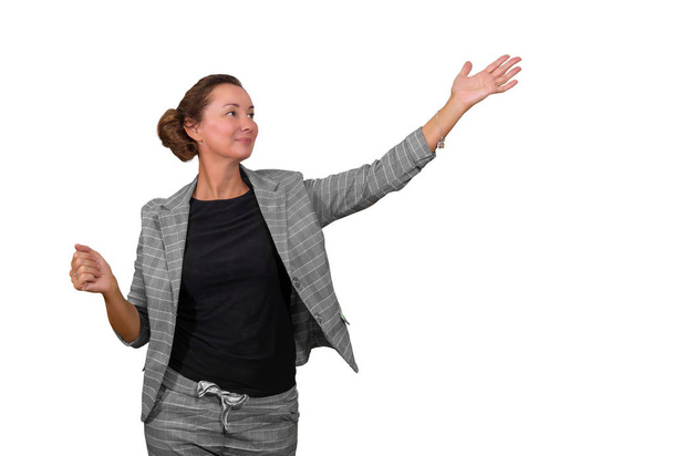 erwachsene Dozentin gestikuliert isoliert auf weißem Hintergrund - Foto, Bild