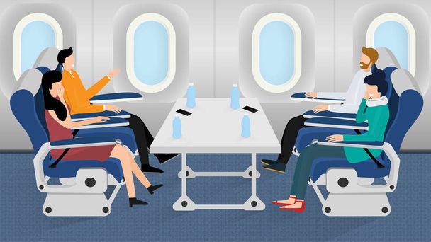 Mensen die op een stoel zitten in een vliegtuig. Gelukkige mannen en vrouwen lachen samen in een pratende reis. Vector illustratie in platte stijl. - Vector, afbeelding