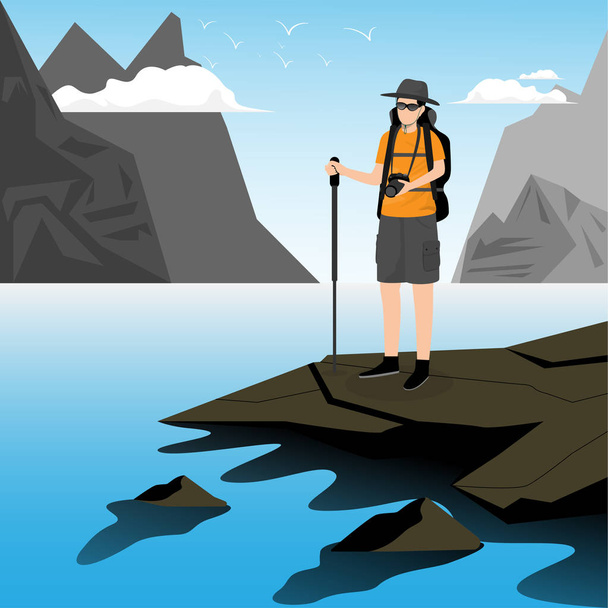 Man or explorer standing on mountain. Backpack and travel concept. Vector illustration in flat design. - Vector, Image