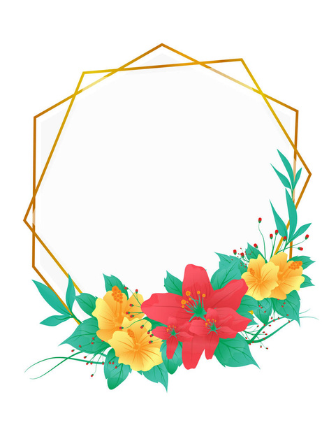 Beautiful greeting or wedding card. Modern tropical and blossom flower frame isolated on white background. Vector illustration in flat design. - Vector, Image