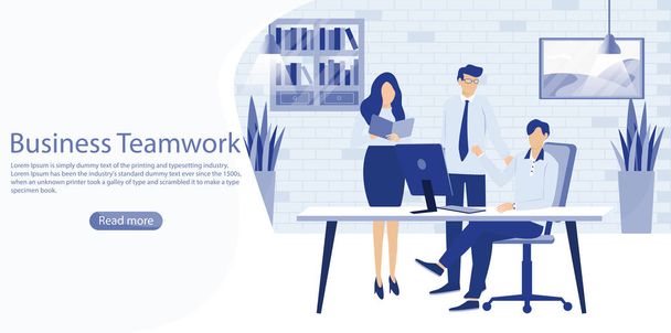 Business management and planing concept. Man and woman are talking to strategy and planing work. website or template vector illustration in flat design. - Вектор,изображение