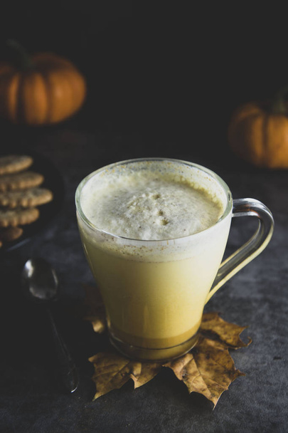 Spiced golden milk pumpkin autumn latte drink milkshake with cream foam dark black background - Foto, Bild