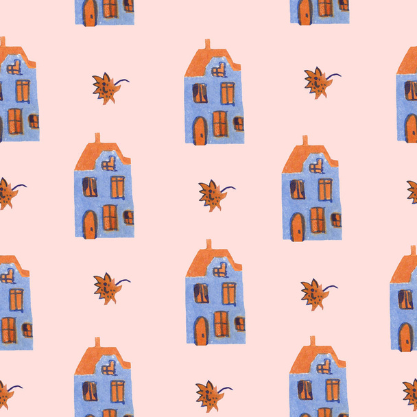 İskandinav desenleri. İskandinav kış tarzı. Hygge evi ve ayçiçeği. Mavi ve turuncu tonlarda bir arka plan. Tekstil, kumaş, kağıt tasarımı. - Fotoğraf, Görsel