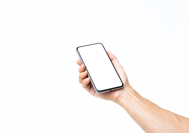 Man hand holding black smartphone isolated on white background,  - Valokuva, kuva