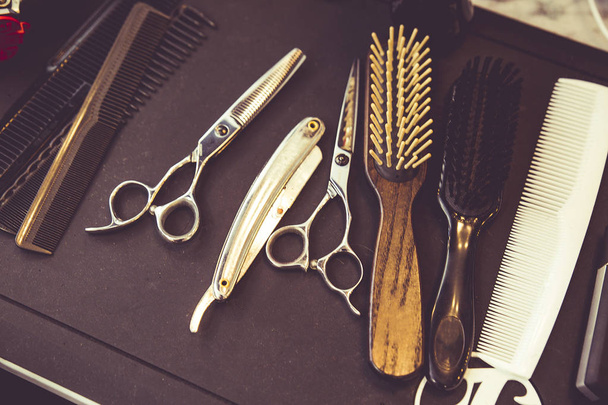 razor scissors and professional work combs - Photo, Image