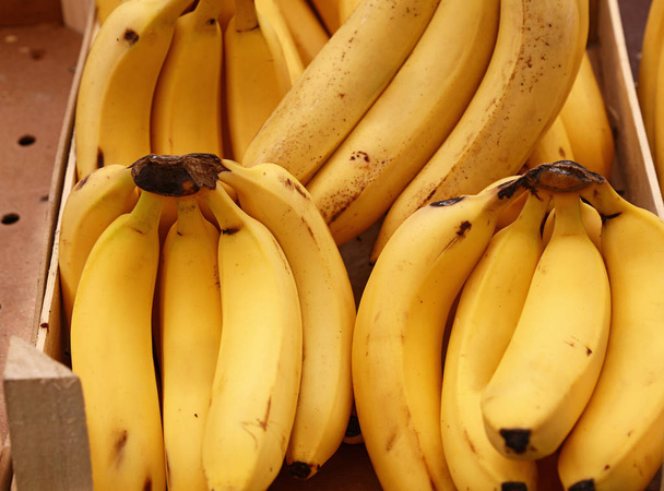 Fermer des grappes de bananes mûres sur l'affichage au détail
 - Photo, image