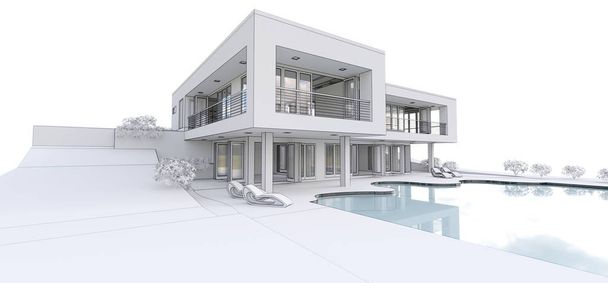 3d modern huis, op witte achtergrond. 3d illustratie. - Foto, afbeelding