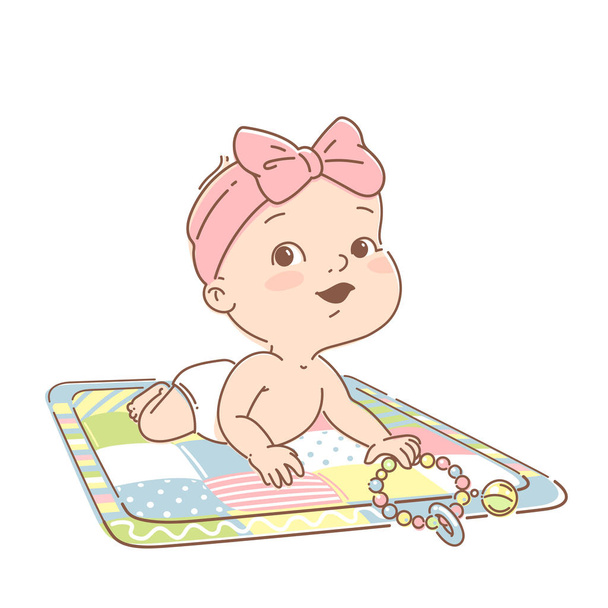 Симпатичная девочка 3-12 месяцев в пеленках играет на развивающем коврике с игрушками
. - Вектор,изображение