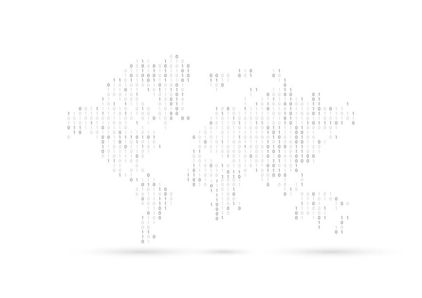 Weltkarte Binärcode schwarz-weiß Hintergrund mit Ziffern auf Bildschirm.Digital-Technologie Hintergrundbild. Cyber-Daten, Entschlüsselung und Verschlüsselung. Hacker-Hintergrundkonzept. - Vektor, Bild