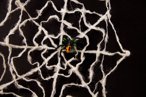 Ιστός αράχνης σε μαύρο φόντο με μια αράχνη. Φαίνεται σαν φόντο - Φωτογραφία, εικόνα