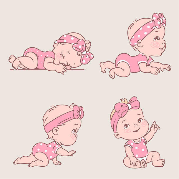 Baby girl in clothes. Cute active little girl sleep, sit, learn to crawl. - Wektor, obraz