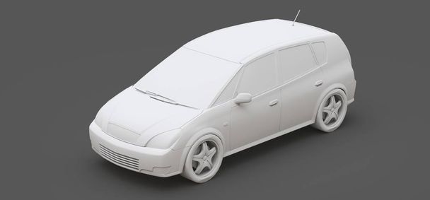 Білий міський автомобіль з порожньою поверхнею для вашого творчого дизайну. Пластикова модель надрукована на 3D принтері. 3D ілюстрація
. - Фото, зображення