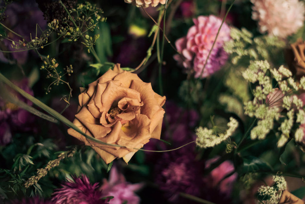 dried rose in a bouquet with field grass. delicate dried flowers - Photo, Image