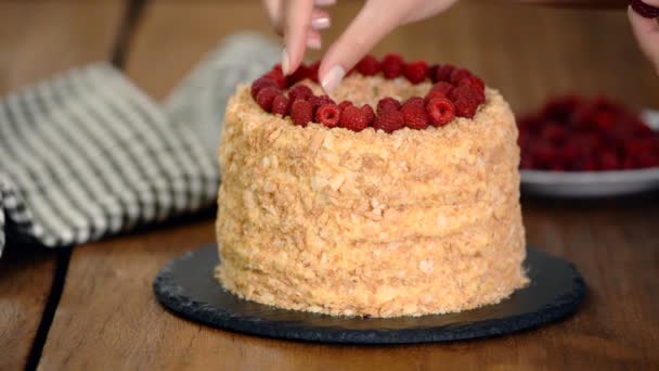 Pastelería decora Napoleon Layered Cake con frambuesa fresca
. - Imágenes, Vídeo