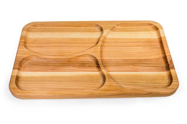 Empty wooden compartment dish with three departments on a white background - Фото, зображення
