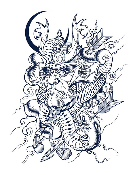 scary japanese samurai kills a snake,vector, illustration, tatoo - Vector, Image