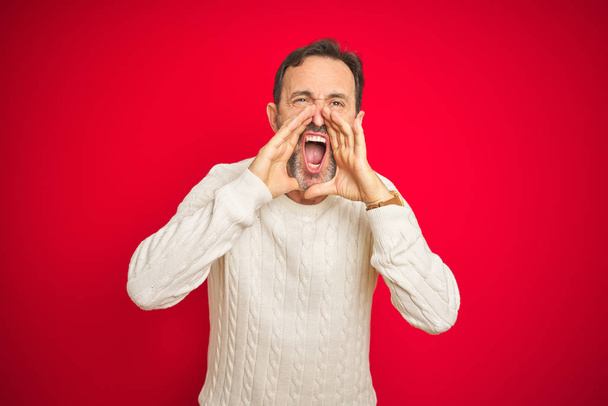 Knappe middelbare leeftijd senior man met grijs haar over geïsoleerde rode achtergrond schreeuwen boos hardop met handen over de mond - Foto, afbeelding