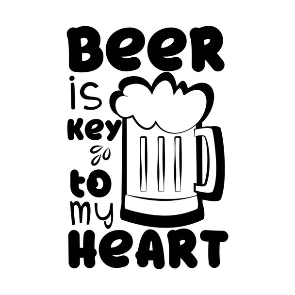 Η μπύρα είναι το κλειδί για την καρδιά μου-αστείο ρητό κείμενο με κούπα μπύρας, μαύρο και λευκό έννοια. Καλό για t-shirt, ευχετήριες κάρτες, υφάσματα, δώρα, αφίσα. - Διάνυσμα, εικόνα