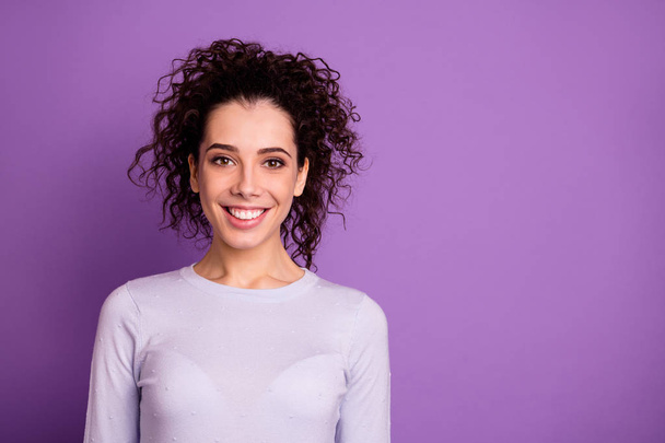 Close up photo of charming wavy hairdo business lady company representative with beaming toothy smile wear pullover isolated purple color background - Fotografie, Obrázek