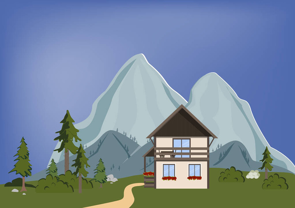 家と木々のある山の風景。夏の国の背景。ベクトルイラスト。荒野の生活 - ベクター画像
