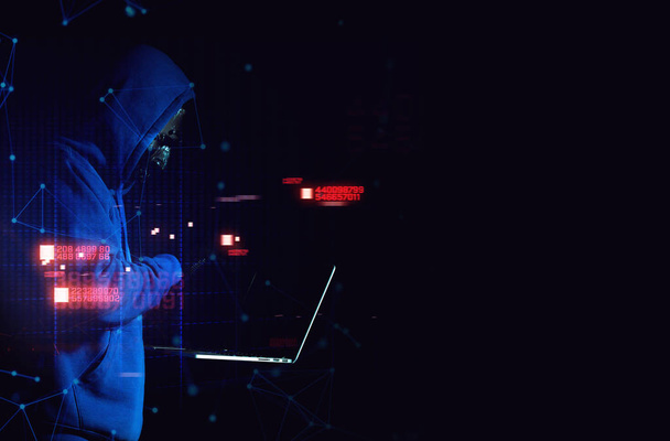hacker man terrorist with virus computer attack to server network system online in data internet security hacking ai concept - Photo, image