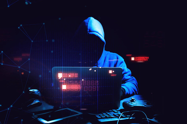 hacker man terrorist with virus computer attack to server network system online in data internet security hacking ai concept - Foto, afbeelding
